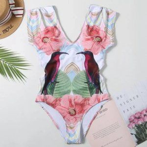 Elaine Exotic: Red Hummingbird Stare Floral Palm Garden Swimsuit